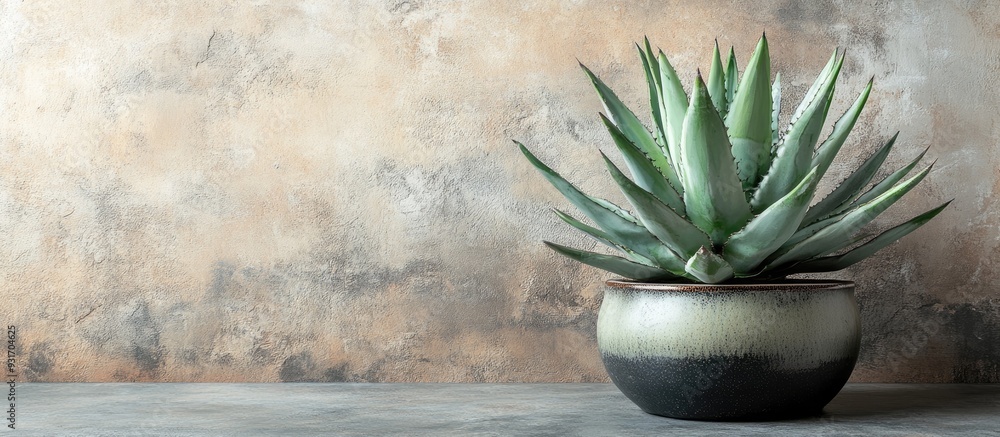 Aufkleber A green agave plant placed in a ceramic pot next to a wall. with copy space image. Place for adding text or design