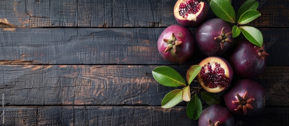 Poster mangosteen fruit on a wooden table seen from above. with copy space image. place for adding text or 