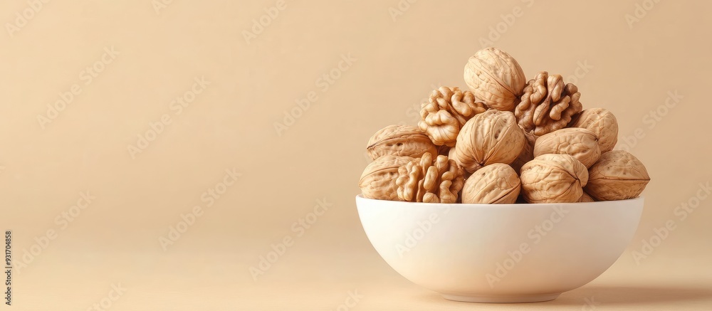 Poster bowl of large organic walnuts with a beige background. with copy space image. place for adding text 