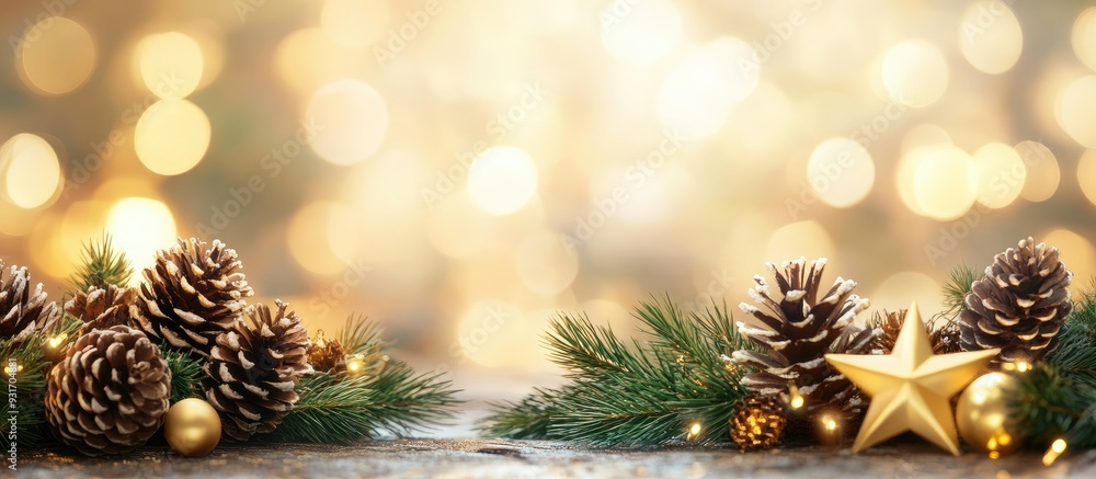 Aufkleber christmas decor featuring pine cones and ornamental gifts with a golden star bokeh backdrop. with co