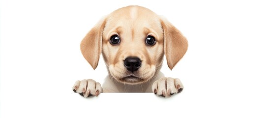 Graduated puppy with a sales symbol pointing away towards a blank area isolated on a white background. with copy space image. Place for adding text or design
