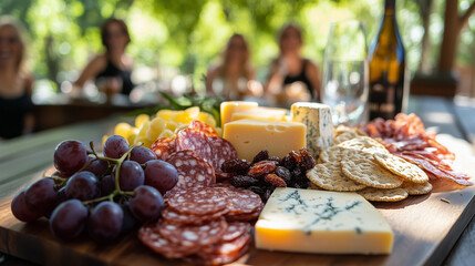 Cheese board display in the foreground with people socializing in the background