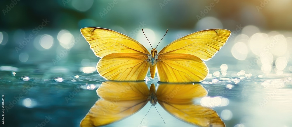 Fototapete close up of a yellow butterfly on glass displaying a flawless mirror image. with copy space image. p