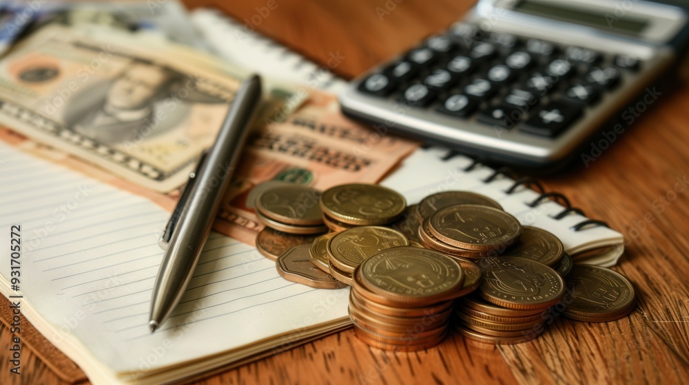 Poster cash, coins, and an open notebook filled with calculations are displayed on a wooden table, indicati