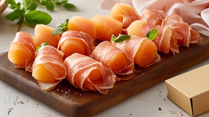 A beautifully arranged platter of prosciutto-wrapped melon is displayed on a rustic wooden board, with each slice of sweet melon wrapped in a delicate slice of salty prosciutto. The vibrant orange of