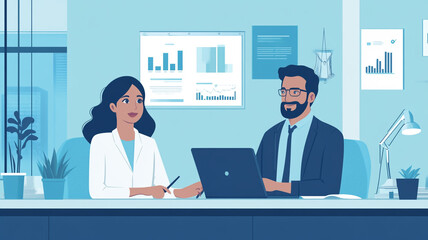 Business meeting between two professionals in a modern office with data charts during the day