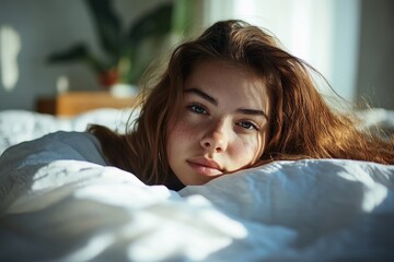 A young woman lying in her bed looking at you in the morning.