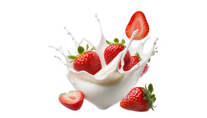 Splashing fresh strawberries into yogurt or creamy milk, cut out