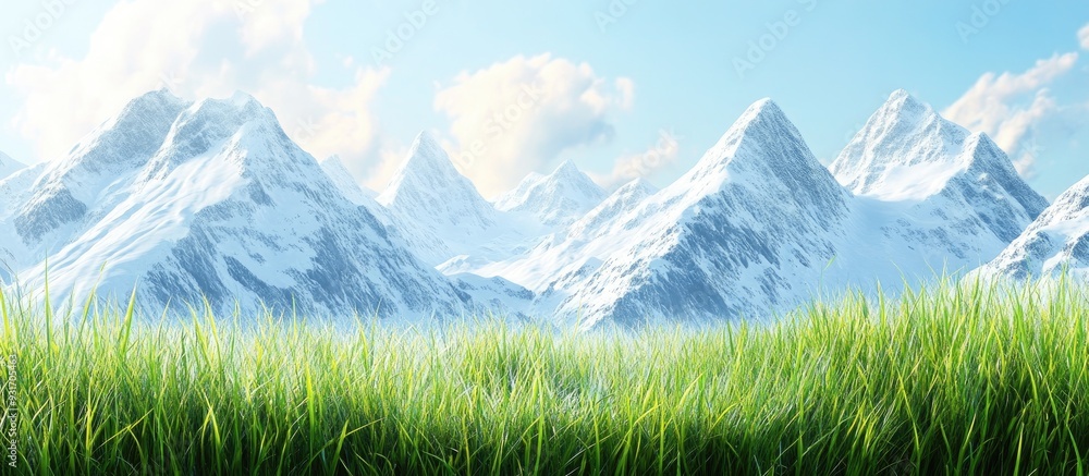 Fototapete A grassy field in front of snow covered mountains. with copy space image. Place for adding text or design