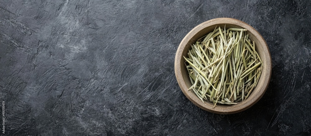 Poster Bowl of fragrant dried lemongrass on a black table top view Room for text. with copy space image. Place for adding text or design