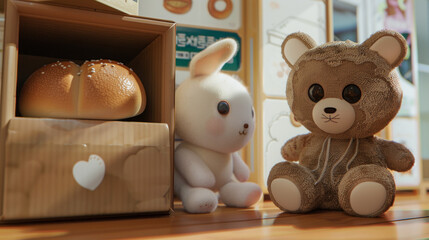 A cute white rabbit and bear doll plushie is hiding behind the brown box