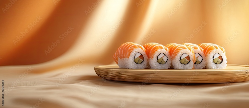 Fototapete Close up of sushi presented on a wooden plate set against a sack like texture. with copy space image. Place for adding text or design