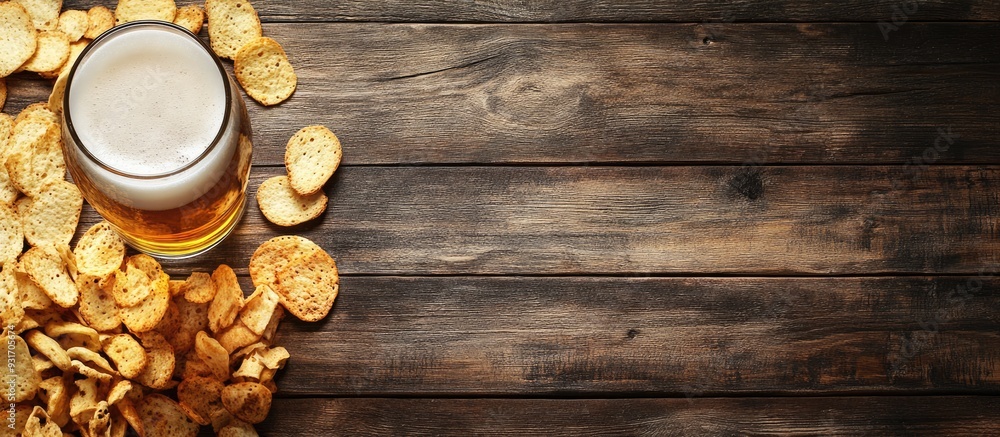 Aufkleber lager beer and snacks on a wooden surface. with copy space image. place for adding text or design