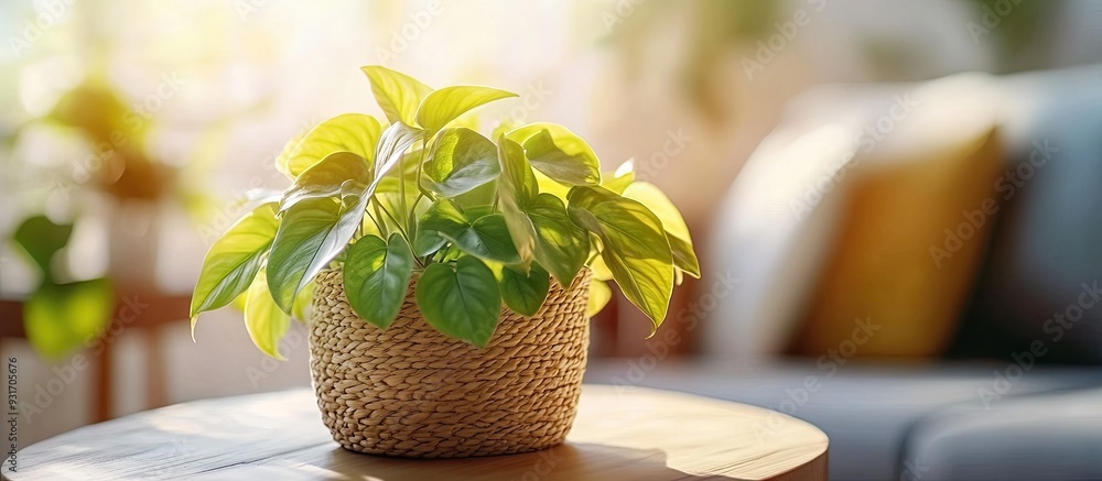 Poster neon green epipremnum aureum lemon lime houseplant in a basket flower pot on a table in the living r