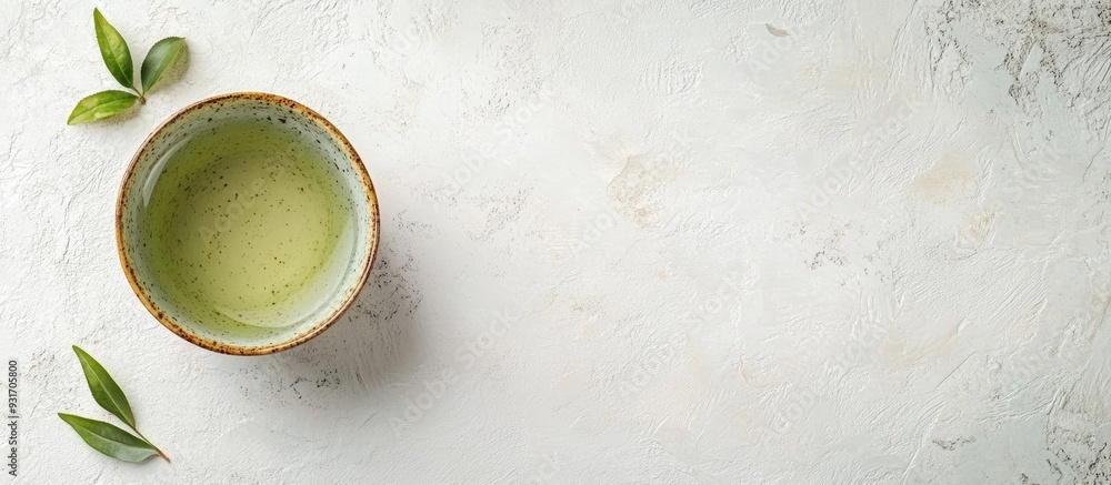 Aufkleber a selection of green tea in a ceramic cup set against a white textured background top view copy spac