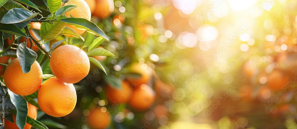 Wall mural fresh oranges hanging from branches in an orange grove sources of vitamin c artificial lighting sele