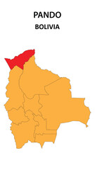 Obraz premium Pando Map is highlighted on the Bolivia map with detailed state and region outlines.