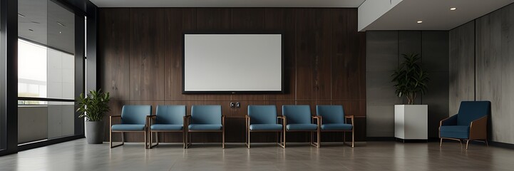 a modern commercial building lobby corridor leading to an open lounge area. Mockup 3D rendering.