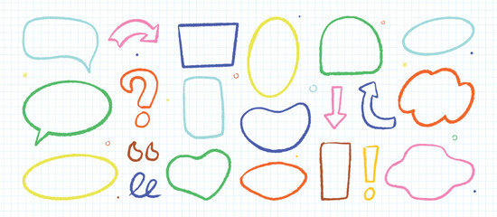 A collection of bright hand-drawn frames and doodle elements. Elements of children's vector design.