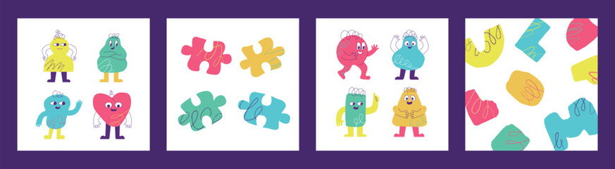 Fototapeta premium A set of square design templates with bright children's characters, naive shapes, doodle puzzles.