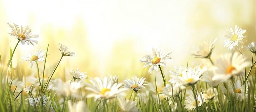 Daisies on a meadow background with white flower blossoms margarite style featuring copy space