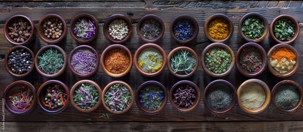 Poster seasoning background fresh and dried herbs and spices in bowls for spice and herb seasoning a variet