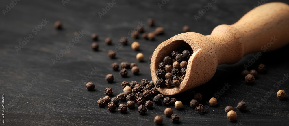 Poster pepper mill and whole pepper in a wooden scoop on a black table. with copy space image. place for ad