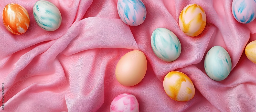 Leinwandbilder colorful easter eggs on a pink fabric background top view flat lay. with copy space image. place for