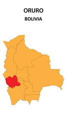 Obraz premium Oruro Map is highlighted on the Bolivia map with detailed state and region outlines.