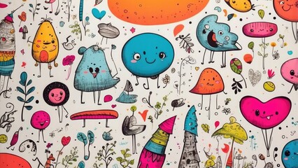 Whimsical doodles on a bright background, humorous and playful