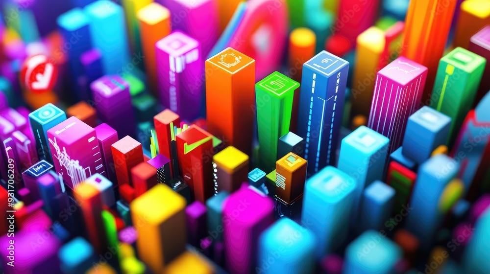 Poster a colorful 3d rendering of digital financial symbols and marketing charts converging into a growing 