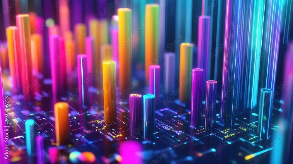 Poster a colorful 3d rendering of digital financial symbols and marketing charts converging into a growing 