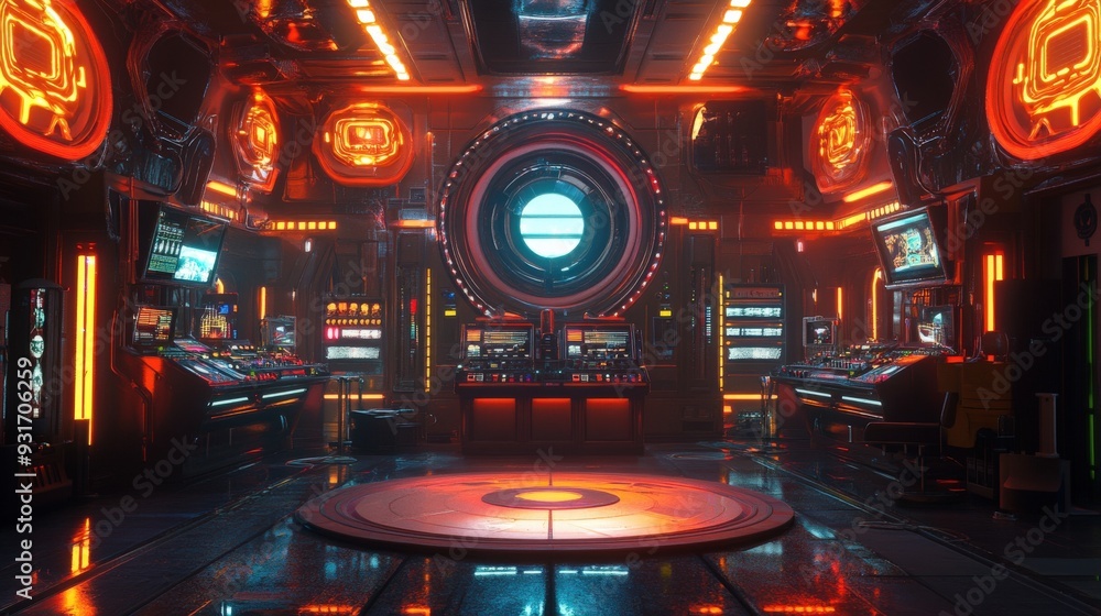 Poster the control room is illuminated by neon lights, featuring various consoles that display active data 