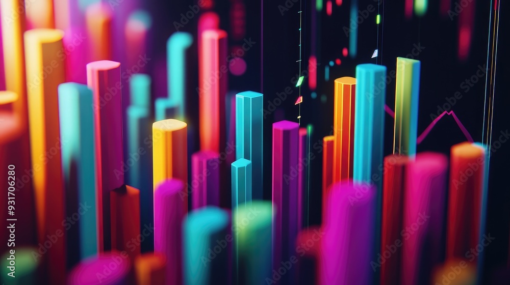 Poster a colorful 3d rendering of digital financial symbols and marketing charts converging into a growing 