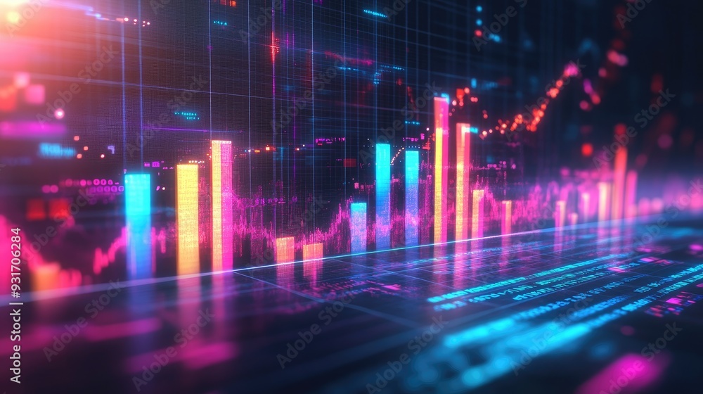Poster a dynamic 3d graphic of a rising bar chart with glowing financial indicators, representing increasin