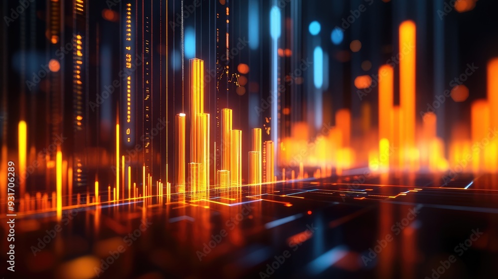 Poster a dynamic 3d graphic of a rising bar chart with glowing financial indicators, representing increasin