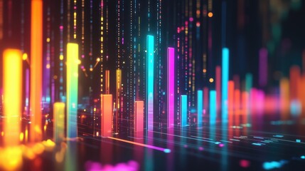 Fototapeta premium A dynamic 3D graphic of a rising bar chart with glowing financial indicators, representing increasing profits and marketing success