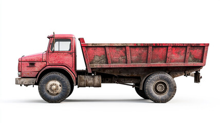 Obraz premium A weathered red dump truck parked on a white background reflecting its rustic charm and sturdy design