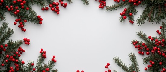 Christmas minimal concept a frame composition created with evergreen tree branches and red berries Square layout Flat lay Modern Christmas berries frame from above ideal design for any purpose