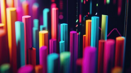 Obraz premium A colorful 3D rendering of digital financial symbols and marketing charts converging into a growing bar chart