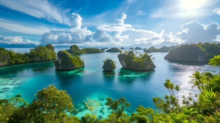 Fototapeta premium Lush green islands with rocky cliffs surrounded by turquoise water with blue sky.