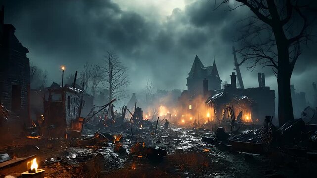 Destroyed war torn City Rubbish Fire Burning Dark sky Clouds Scary Horror