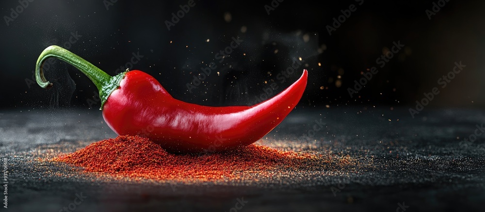 Fototapete Fresh raw ripe red pepper with powdered spice. with copy space image. Place for adding text or design