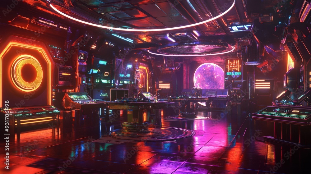 Poster A retrofuturistic command center filled with glowing screens and neon lights, showcasing a cosmic view through a large window