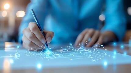 Close-up of a person using a digital pen to draw on a futuristic touchscreen interface, representing technology and innovation.
