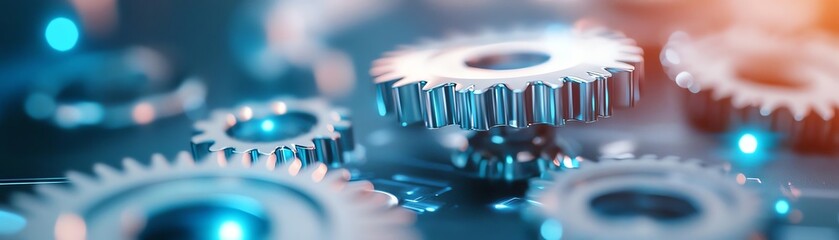 Close-up of interconnected metal gears representing teamwork, engineering, and machinery in blue and orange lighting.