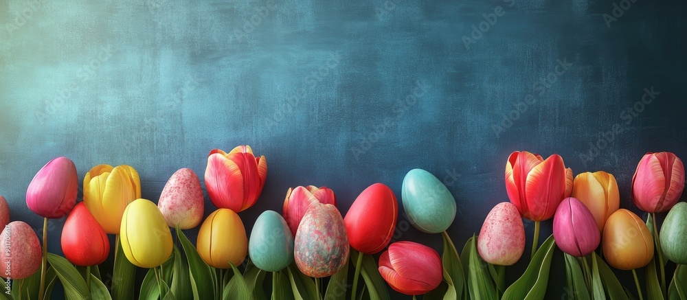 Poster Colorful Easter eggs and tulips over a wooden sky background with a chalkboard for placing text. with copy space image. Place for adding text or design