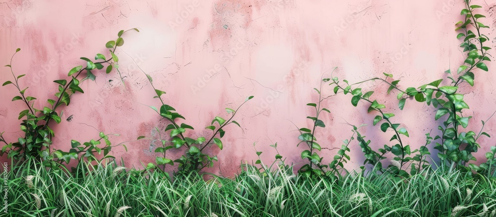 Poster green grass and vines on a pink wall nature backdrop can be used as wallpaper or copyspace for addin