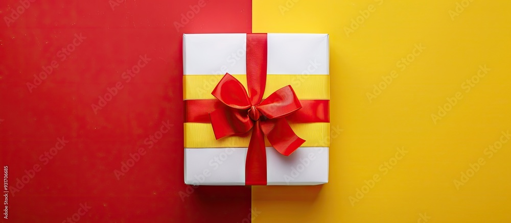 Aufkleber red gift box with a yellow ribbon set against a white background. with copy space image. Place for adding text or design