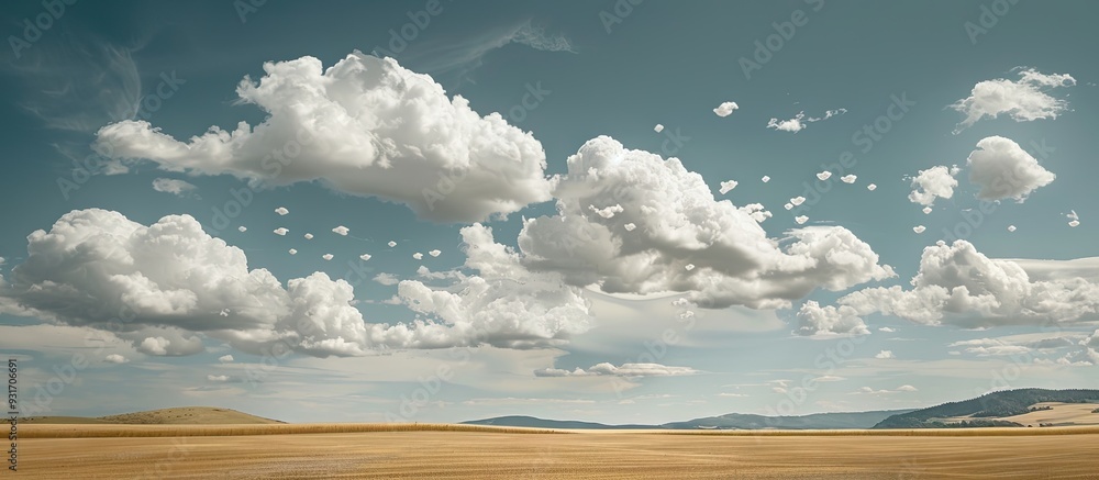 Aufkleber The white clouds feature unusual shapes above the countryside set against a cloudy and blue sky. with copy space image. Place for adding text or design